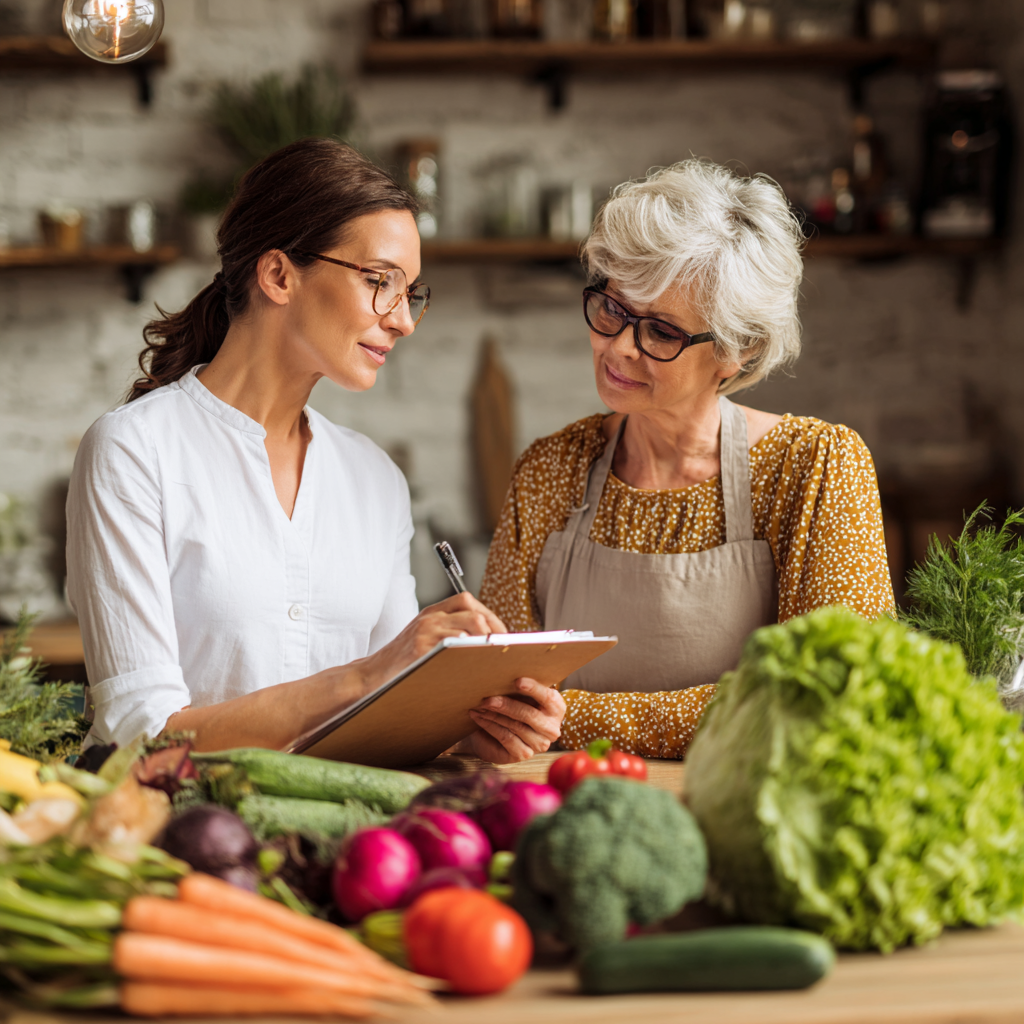 Middle-aged nutritionist consulting with mature client about healthy eating habits