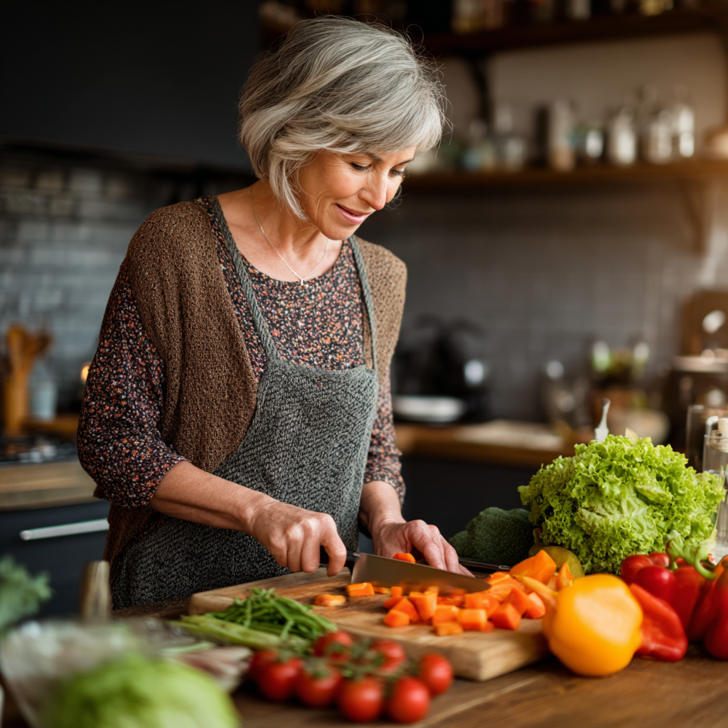 Middle-aged woman preparing healthy meal in modern kitchen with fresh vegetables