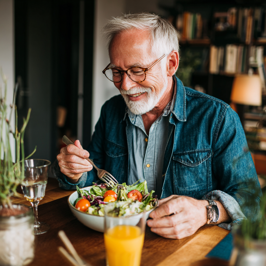 Senior gentleman enjoying colorful healthy salad at wooden table